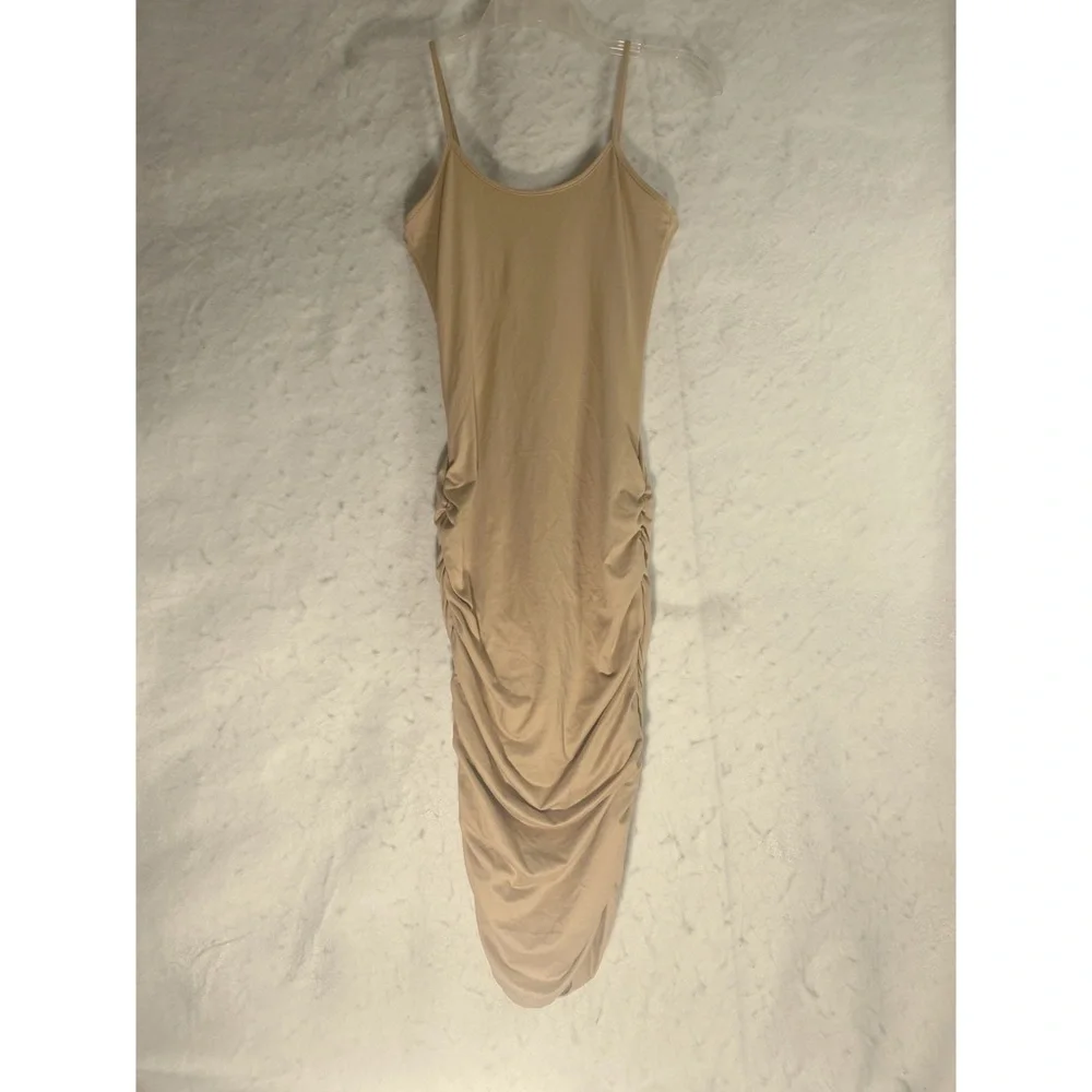 Fashion Nova XS Beige Tan Ruched Bodycon Sheath Dress Spaghetti Strap